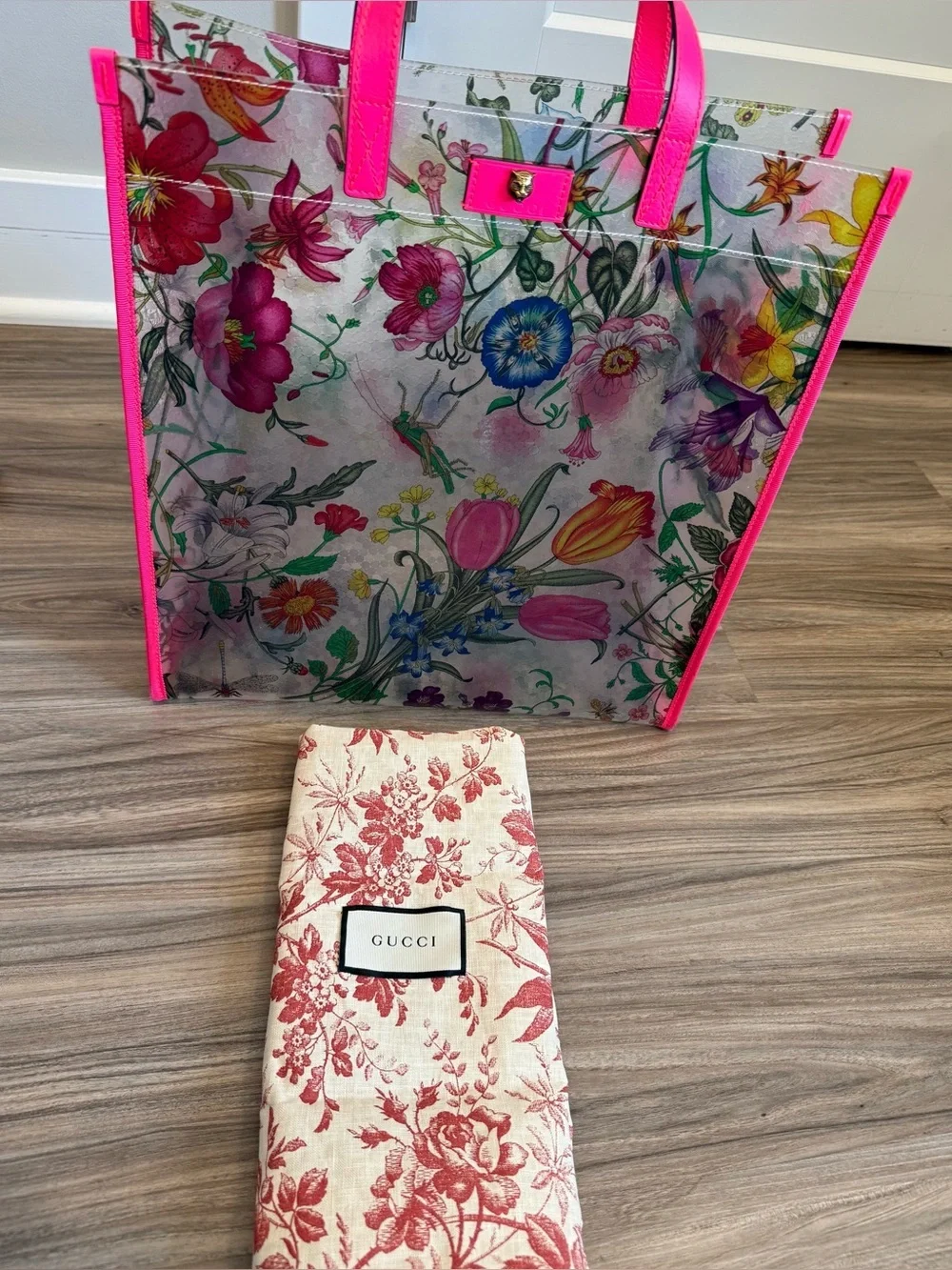 Gucci Floral Clear Tote with Hot Pink Trim